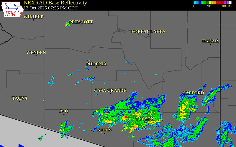 Radar snapshot during the Oct 12, 2025 hail event near 2 S Apache Junction, Pinal County, Arizona, with NWS warning polygons