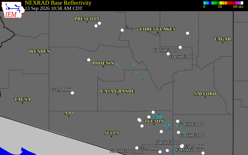 Current NEXRAD radar over Pinal County, Arizona with recent storm report locations