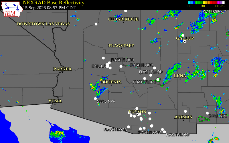 Current NEXRAD radar across Arizona with recent storm report locations