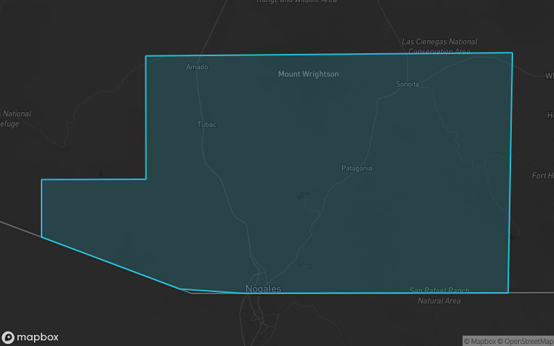 Map of Santa Cruz County, Arizona showing the county boundary and surrounding cities