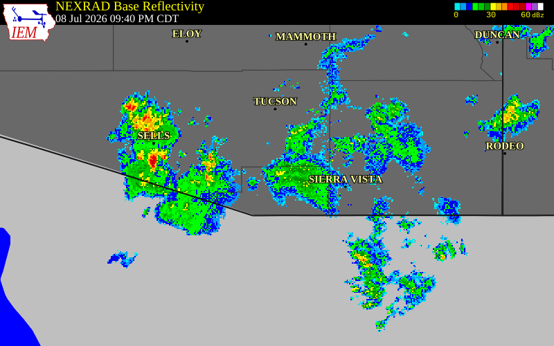 NEXRAD radar during the Wednesday, July 8, 2026 storm activity in Santa Cruz County, Arizona