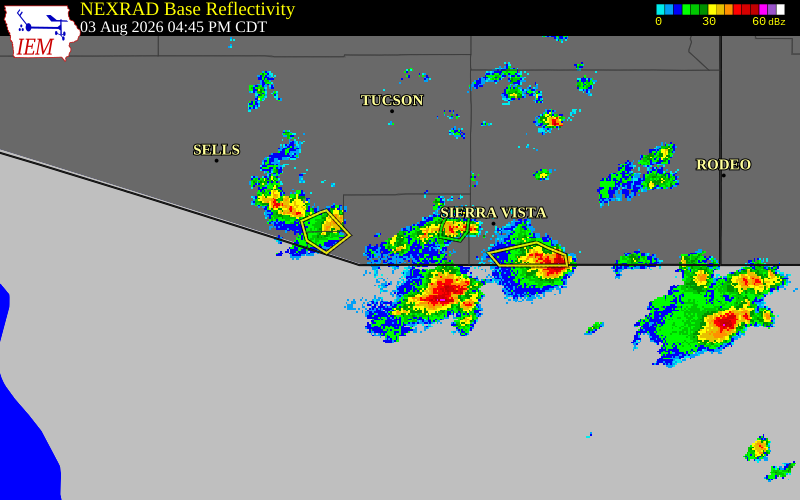 NEXRAD radar during the Monday, August 3, 2026 storm activity in Santa Cruz County, Arizona