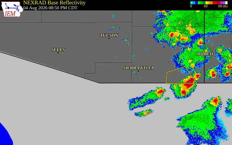 NEXRAD radar during the Tuesday, August 4, 2026 storm activity in Santa Cruz County, Arizona