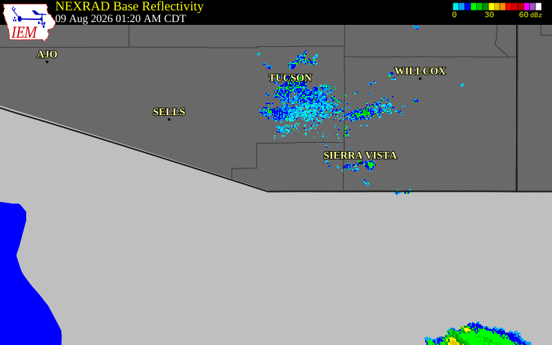 NEXRAD radar during the Saturday, August 8, 2026 storm activity in Santa Cruz County, Arizona