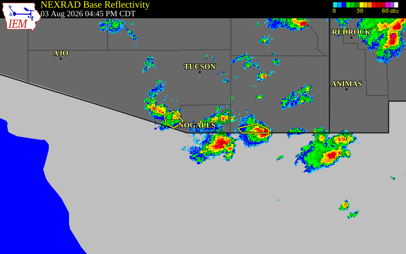 Radar snapshot during the Aug 3, 2026 wind event near 6 NE Nogales, Santa Cruz County, Arizona, with NWS warning polygons