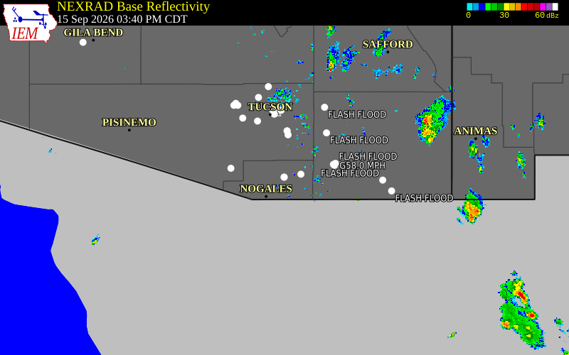 Current NEXRAD radar over Santa Cruz County, Arizona with recent storm report locations
