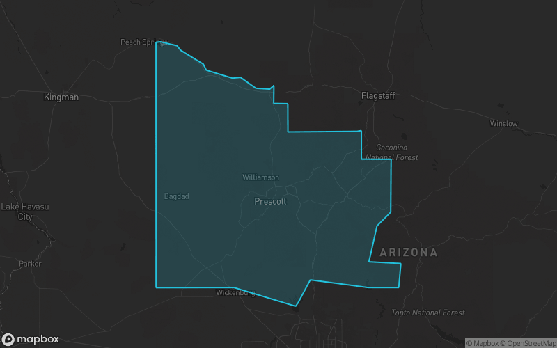 Map of Yavapai County, Arizona showing the county boundary and surrounding cities