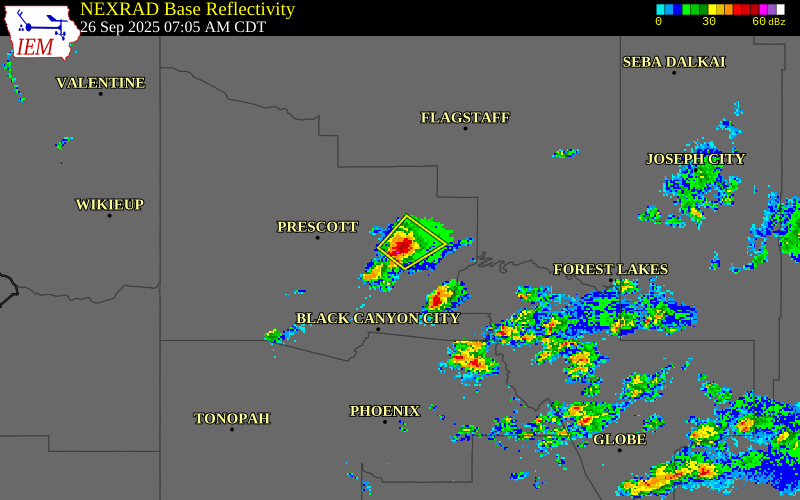 NEXRAD radar during the Friday, September 26, 2025 storm activity in Yavapai County, Arizona