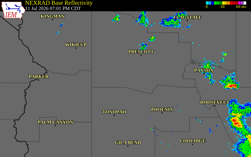 NEXRAD radar during the Saturday, July 11, 2026 storm activity in Yavapai County, Arizona
