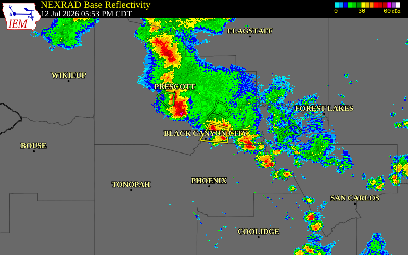 NEXRAD radar during the Sunday, July 12, 2026 storm activity in Yavapai County, Arizona
