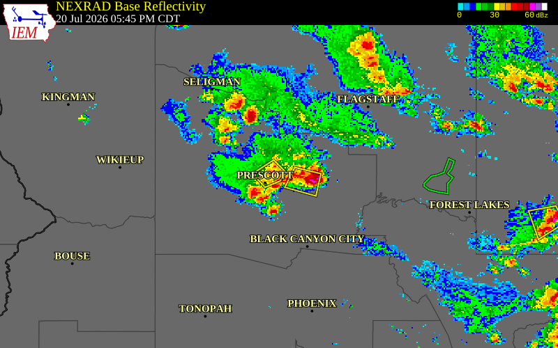 NEXRAD radar during the Monday, July 20, 2026 storm activity in Yavapai County, Arizona