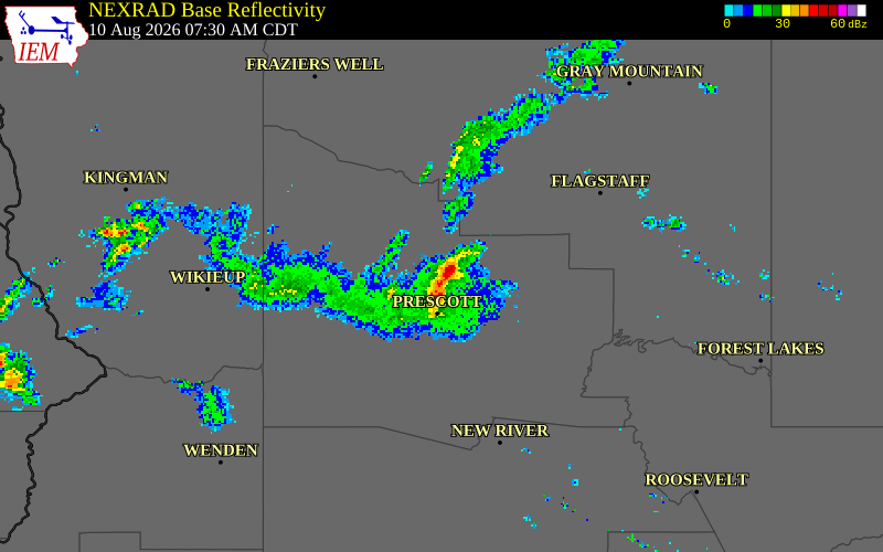NEXRAD radar during the Monday, August 10, 2026 storm activity in Yavapai County, Arizona