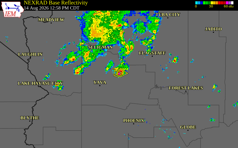 Radar snapshot during the Jul 12, 2026 wind event near 1 SE Bumble Bee, Yavapai County, Arizona, with NWS warning polygons