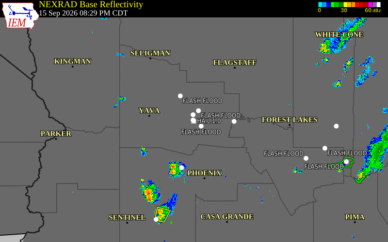 Current NEXRAD radar over Yavapai County, Arizona with recent storm report locations
