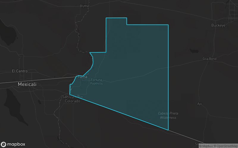 Map of Yuma County, Arizona showing the county boundary and surrounding cities