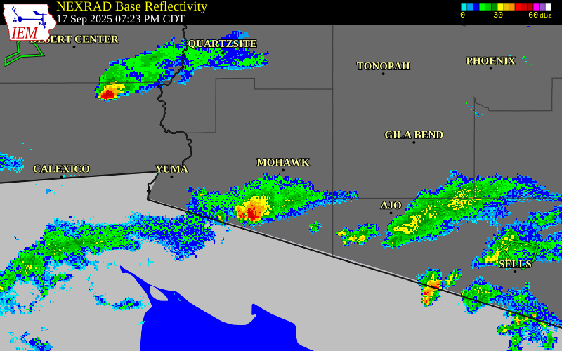 NEXRAD radar during the Wednesday, September 17, 2025 storm activity in Yuma County, Arizona