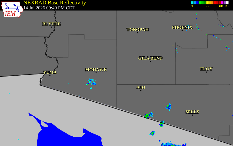NEXRAD radar during the Tuesday, July 14, 2026 storm activity in Yuma County, Arizona