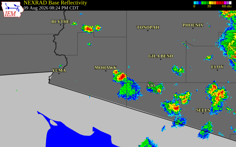 NEXRAD radar during the Sunday, August 9, 2026 storm activity in Yuma County, Arizona