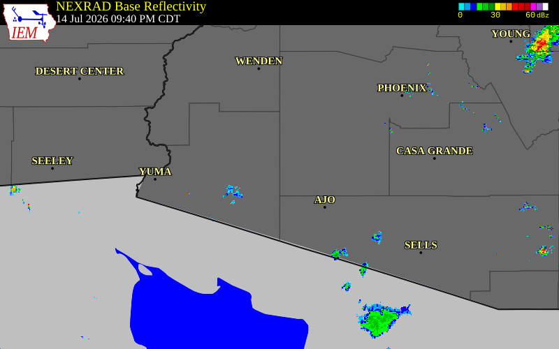 Radar snapshot during the Jul 14, 2026 wind event near 12 SSW Sentinel, Yuma County, Arizona, with NWS warning polygons