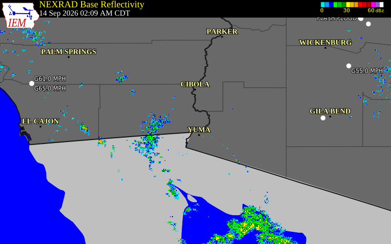 Current NEXRAD radar over Yuma County, Arizona with recent storm report locations