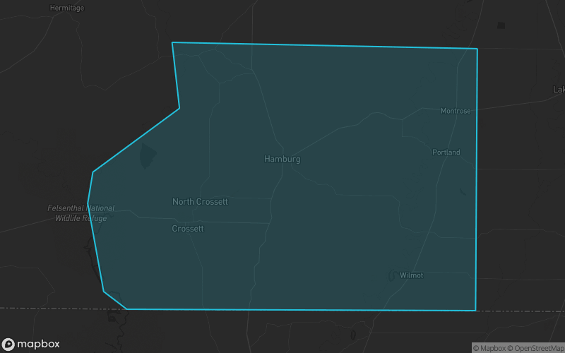 Map of Ashley County, Arkansas showing the county boundary and surrounding cities