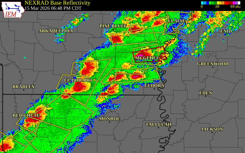 NEXRAD radar during the Sunday, March 15, 2026 storm activity in Ashley County, Arkansas