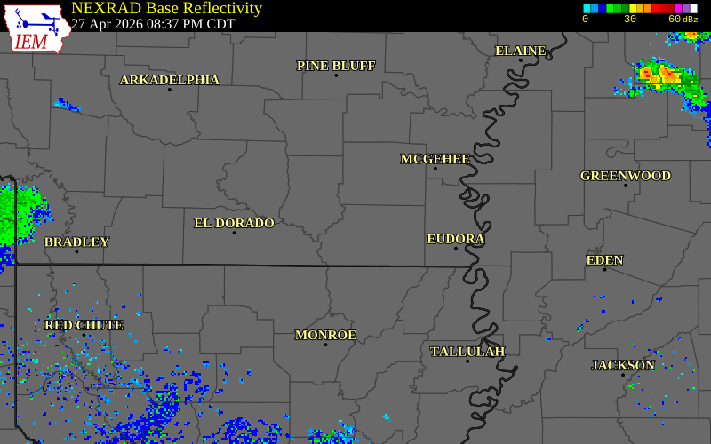 NEXRAD radar during the Monday, April 27, 2026 storm activity in Ashley County, Arkansas