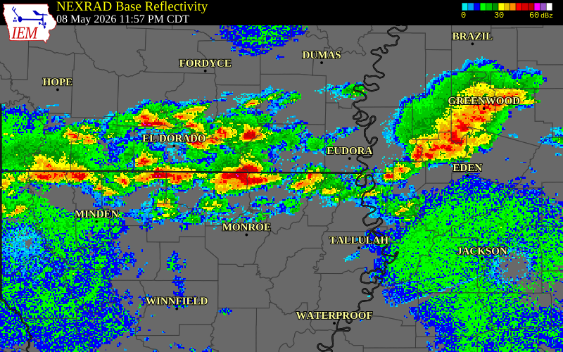 NEXRAD radar during the Friday, May 8, 2026 storm activity in Ashley County, Arkansas