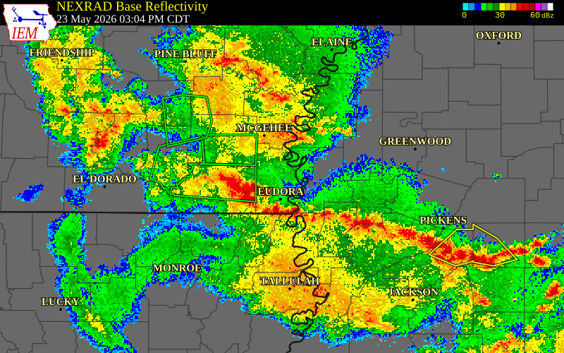 NEXRAD radar during the Saturday, May 23, 2026 storm activity in Ashley County, Arkansas