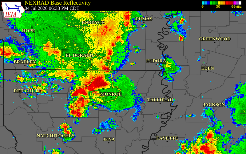 NEXRAD radar during the Saturday, July 4, 2026 storm activity in Ashley County, Arkansas