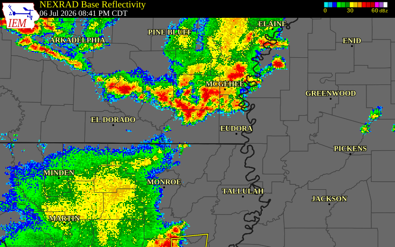 NEXRAD radar during the Monday, July 6, 2026 storm activity in Ashley County, Arkansas