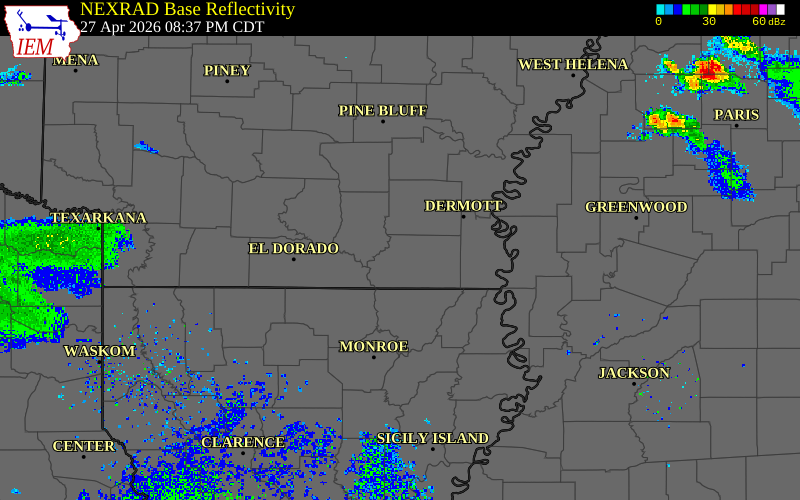 Radar snapshot during the Apr 27, 2026 tornado event near 5 SSW Fountain Hill, Ashley County, Arkansas, with NWS warning polygons