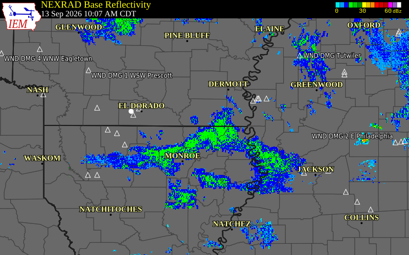 Current NEXRAD radar over Ashley County, Arkansas with recent storm report locations