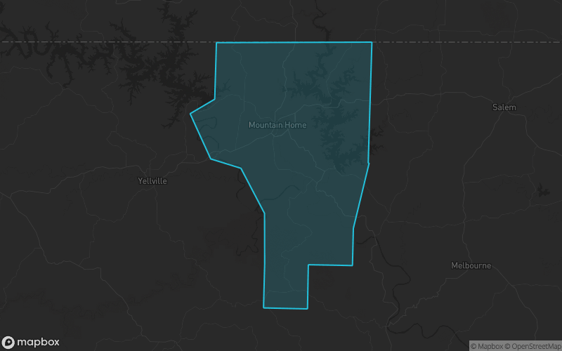 Map of Baxter County, Arkansas showing the county boundary and surrounding cities