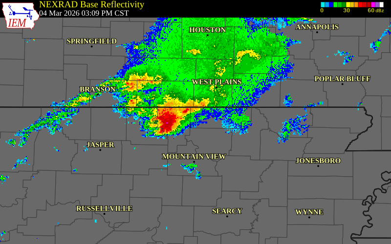 NEXRAD radar during the Wednesday, March 4, 2026 storm activity in Baxter County, Arkansas