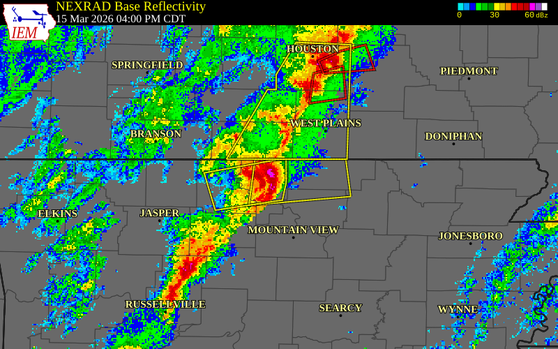 NEXRAD radar during the Sunday, March 15, 2026 storm activity in Baxter County, Arkansas