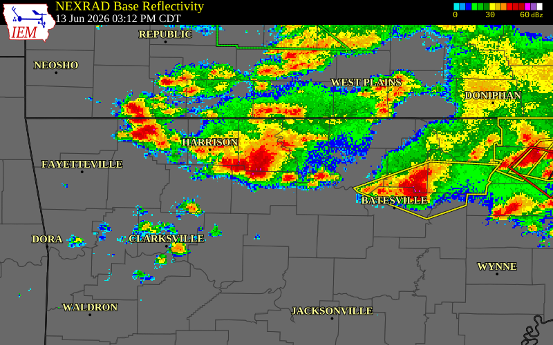 NEXRAD radar during the Saturday, June 13, 2026 storm activity in Baxter County, Arkansas