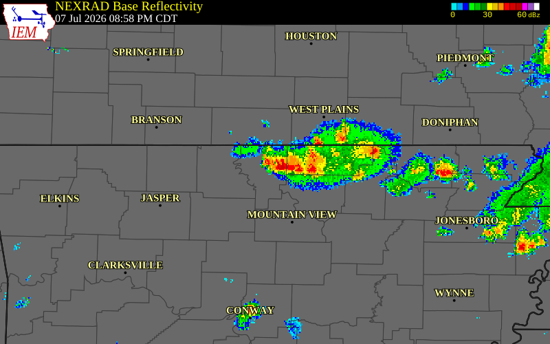 NEXRAD radar during the Tuesday, July 7, 2026 storm activity in Baxter County, Arkansas