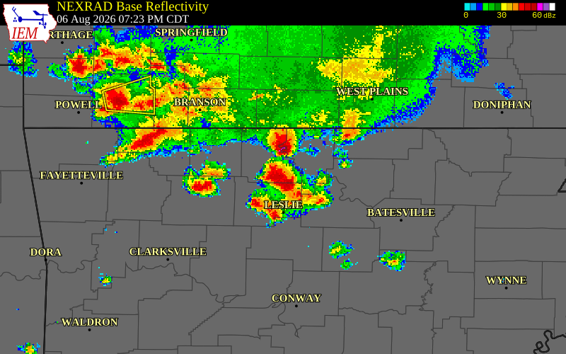 NEXRAD radar during the Thursday, August 6, 2026 storm activity in Baxter County, Arkansas