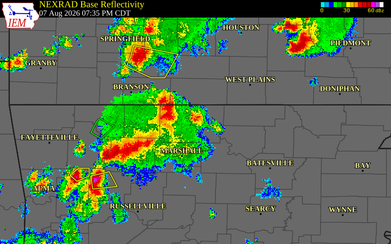 NEXRAD radar during the Friday, August 7, 2026 storm activity in Baxter County, Arkansas