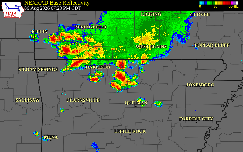 Radar snapshot during the Aug 6, 2026 hail event near Baxter County, Baxter County, Arkansas, with NWS warning polygons