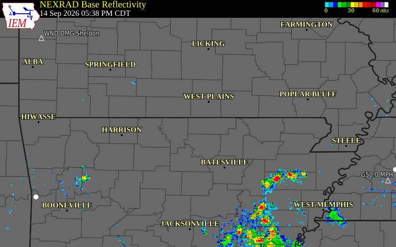 Current NEXRAD radar over Baxter County, Arkansas with recent storm report locations