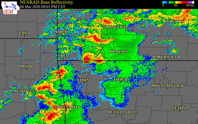 NEXRAD radar during the Wednesday, March 4, 2026 storm activity in Benton County, Arkansas