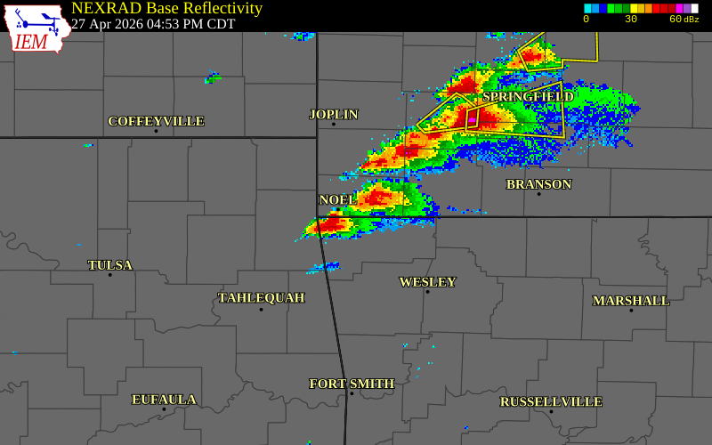 NEXRAD radar during the Monday, April 27, 2026 storm activity in Benton County, Arkansas