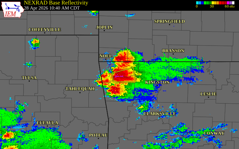 NEXRAD radar during the Tuesday, April 28, 2026 storm activity in Benton County, Arkansas