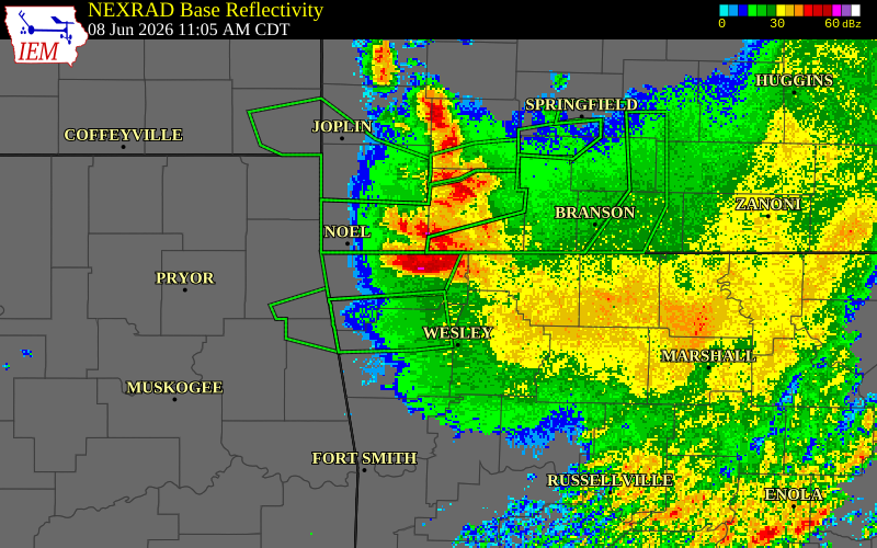 NEXRAD radar during the Monday, June 8, 2026 storm activity in Benton County, Arkansas