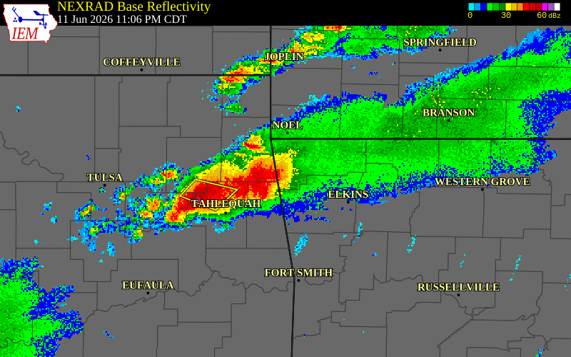 NEXRAD radar during the Thursday, June 11, 2026 storm activity in Benton County, Arkansas