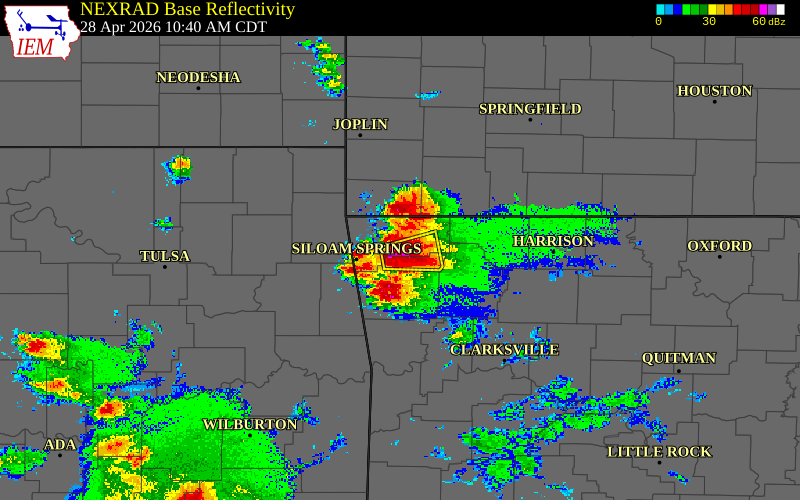 Radar snapshot during the Apr 28, 2026 hail event near Cave Springs, Benton County, Arkansas, with NWS warning polygons