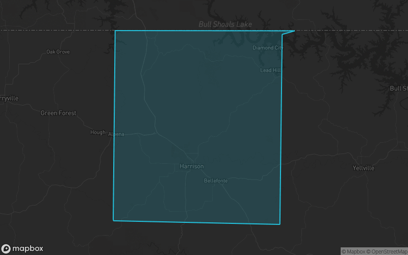 Map of Boone County, Arkansas showing the county boundary and surrounding cities