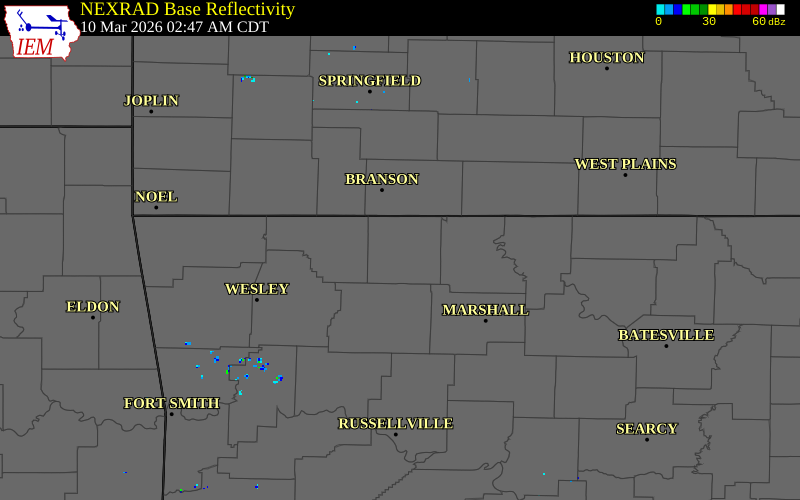 NEXRAD radar during the Tuesday, March 10, 2026 storm activity in Boone County, Arkansas